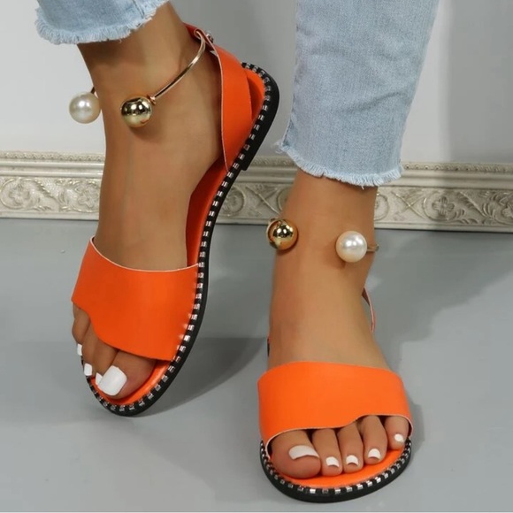 Orange Gold & Peal Bead Ankle Cuff Flat Sandals Size: 42 - Picture 14 of 14
